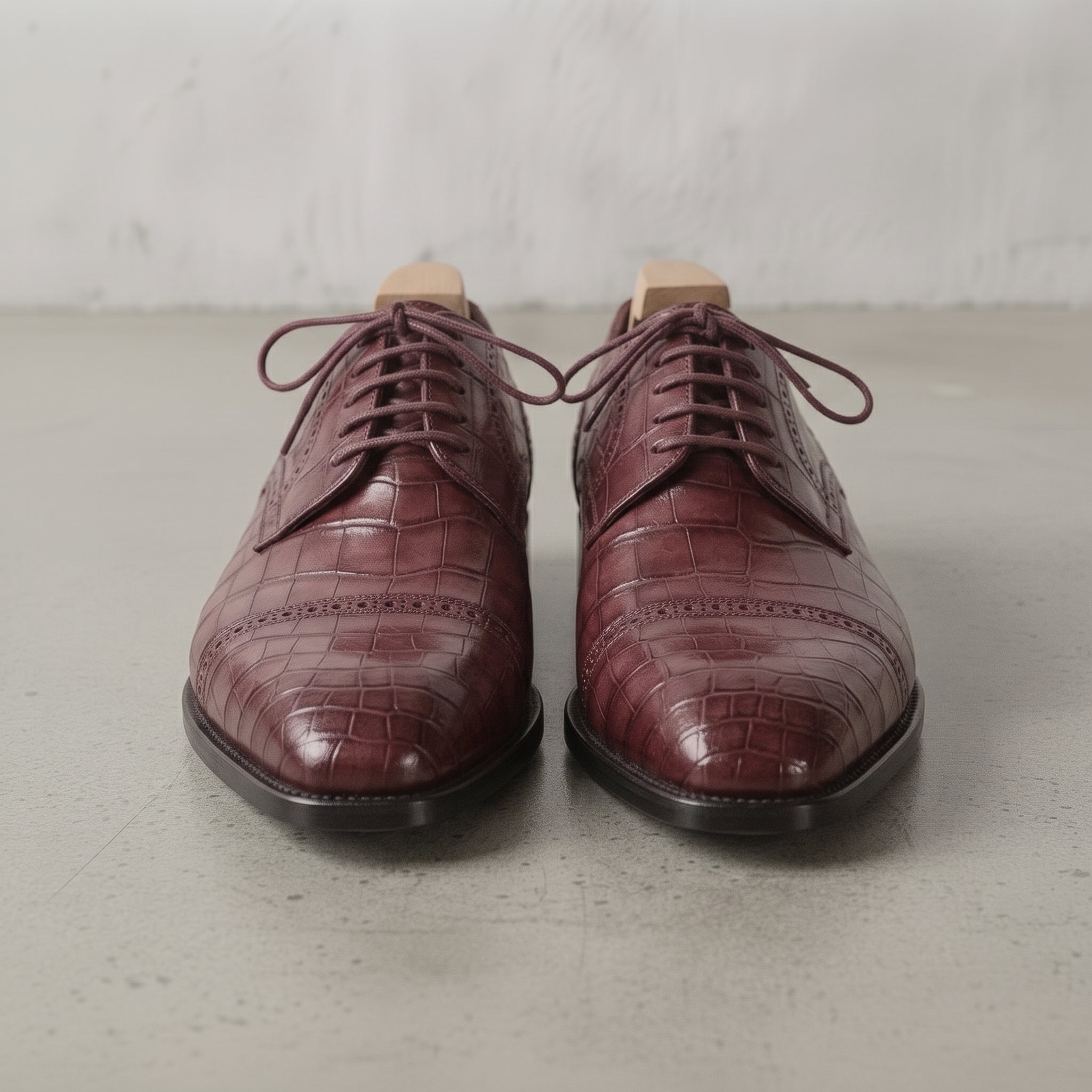 Burgundy Crocodile-Embossed Leather Cap-Toe Derbys — Ayleson