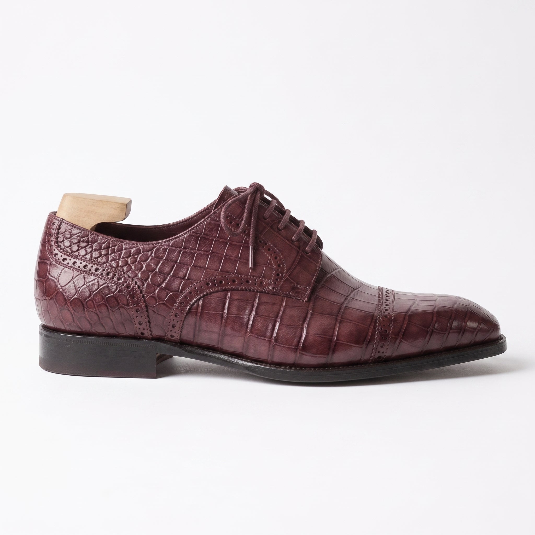Burgundy Crocodile-Embossed Leather Cap-Toe Derbys — Ayleson