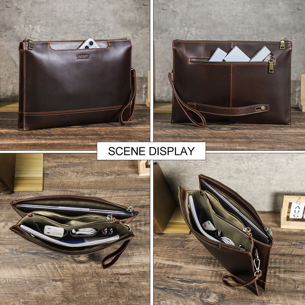 Men's Full-Grain leather Laptop Clutch, Multi-Compartment 14-inch Sleeve Bag