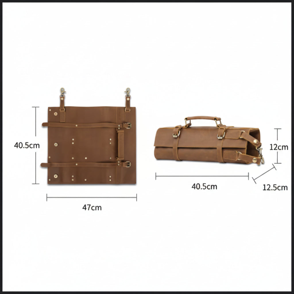Full Grain Leather Knife Storage Roll Bag