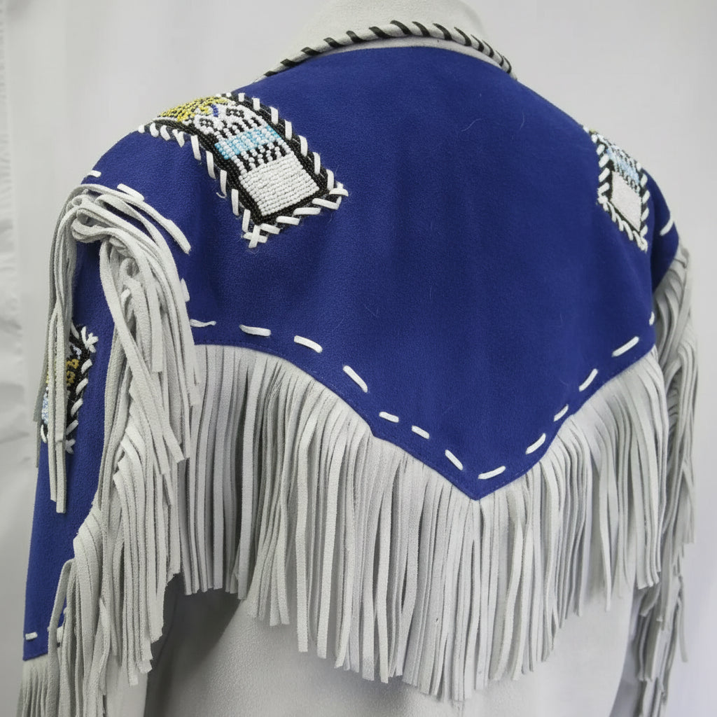 Handmade Men Western Leather Jacket Wear Fringes Beads Native American Cowboy Coat