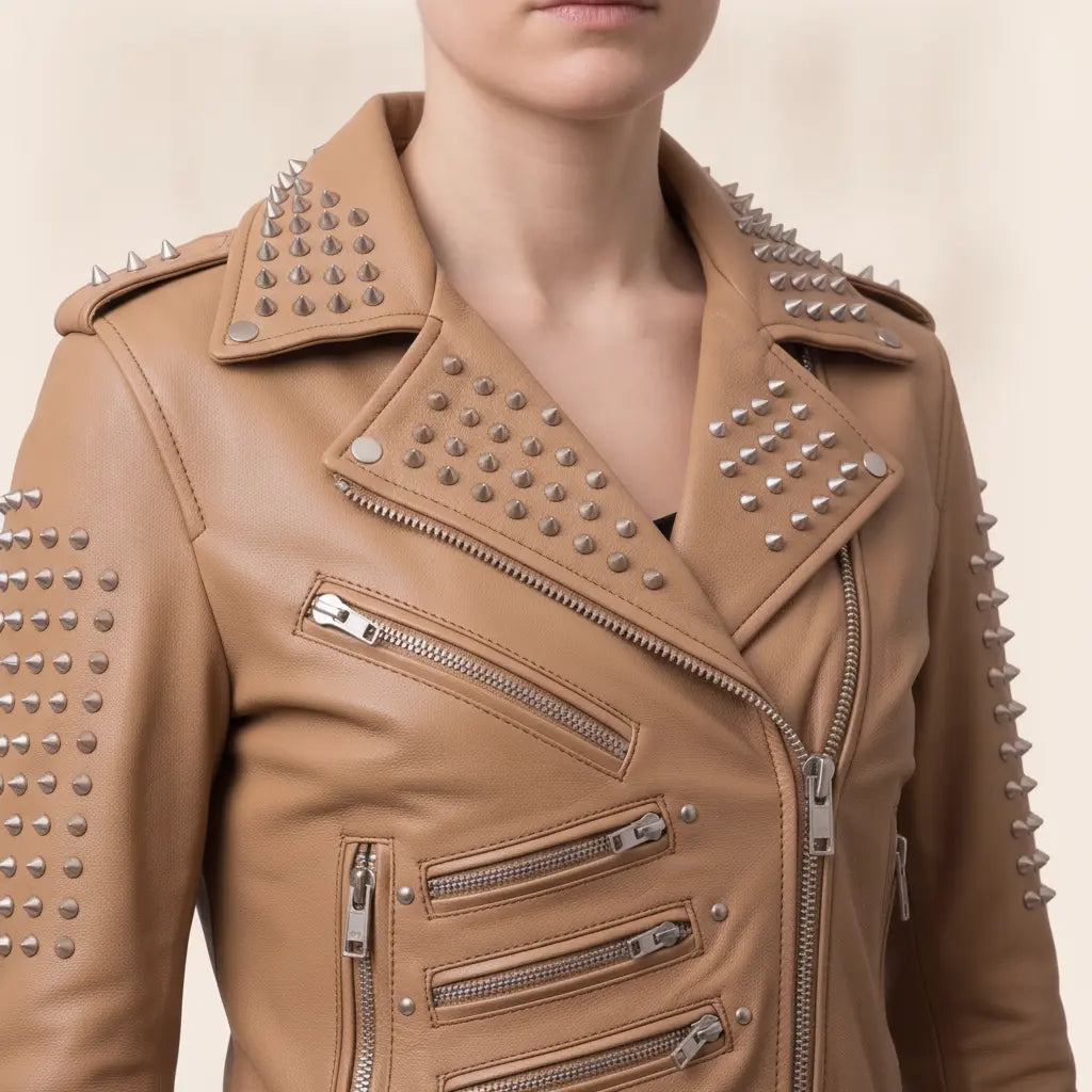 Women's Tan Studded Leather Biker Jacket — Fritton