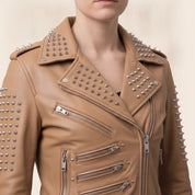 Women's Tan Studded Leather Biker Jacket — Fritton