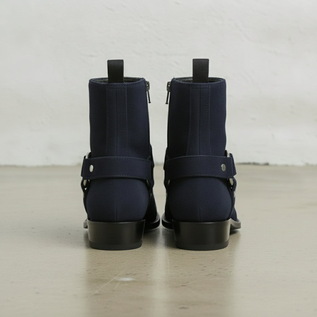 Men's Navy Blue Plain-Toe Suede Biker Boots