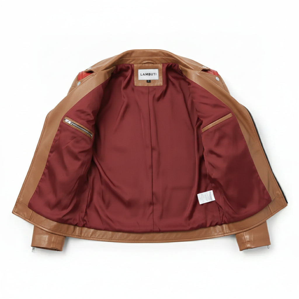 Men's Tan and Red Leather Biker Jacket