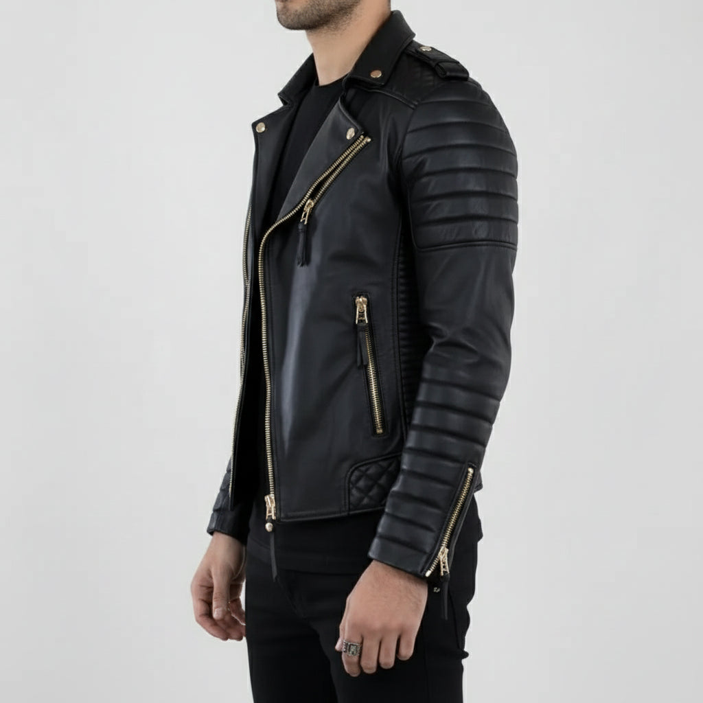Handmade Men Black Leather Motorcycle Jacket, Winter Fashion Leather Jacket for Men