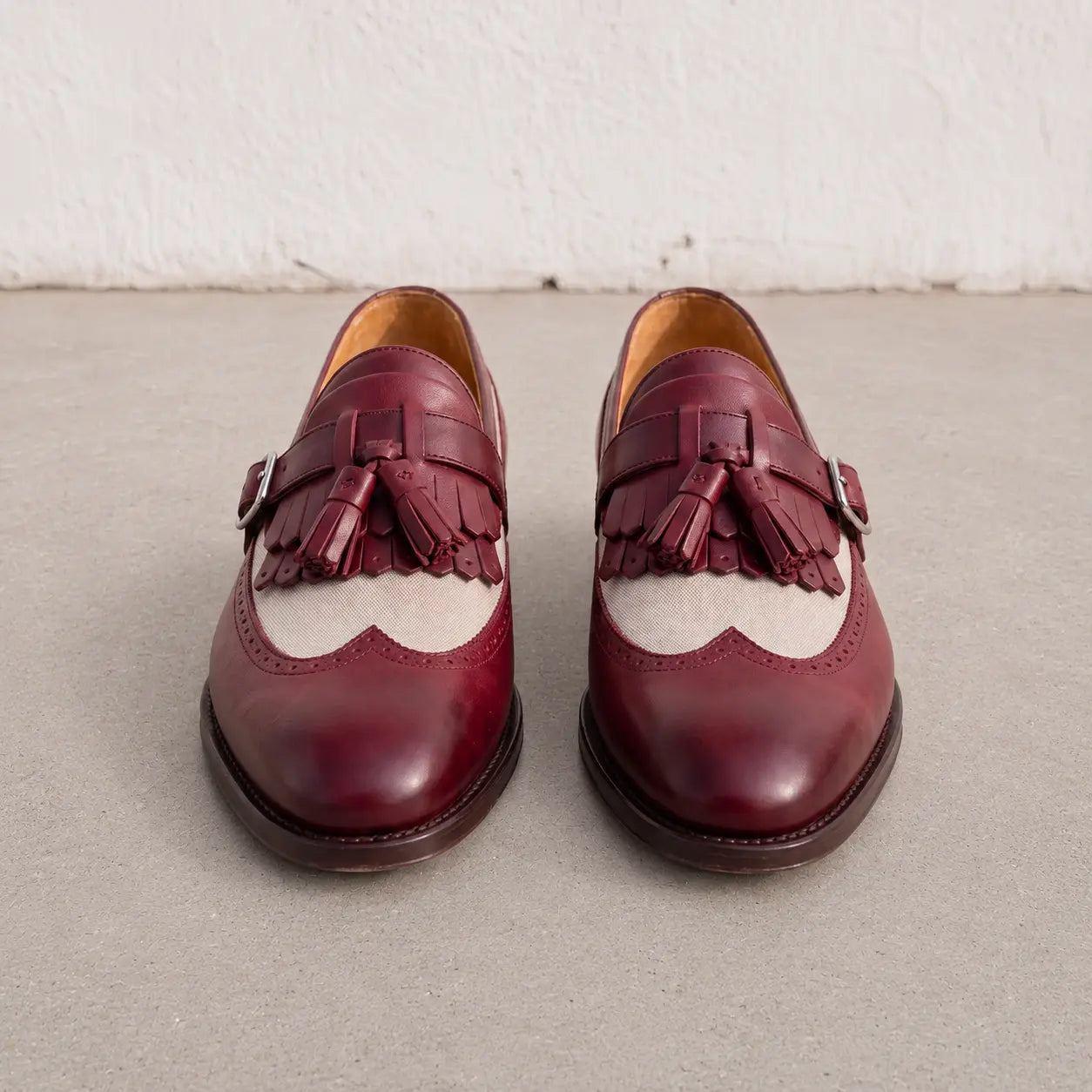 Men's Burgundy and Beige Wingtip Fringe Leather Tassel Loafers — Bell