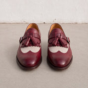 Men's Burgundy and Beige Wingtip Fringe Leather Tassel Loafers — Bell