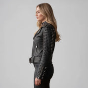 Women's Black Studded Leather Biker Jacket — Basing