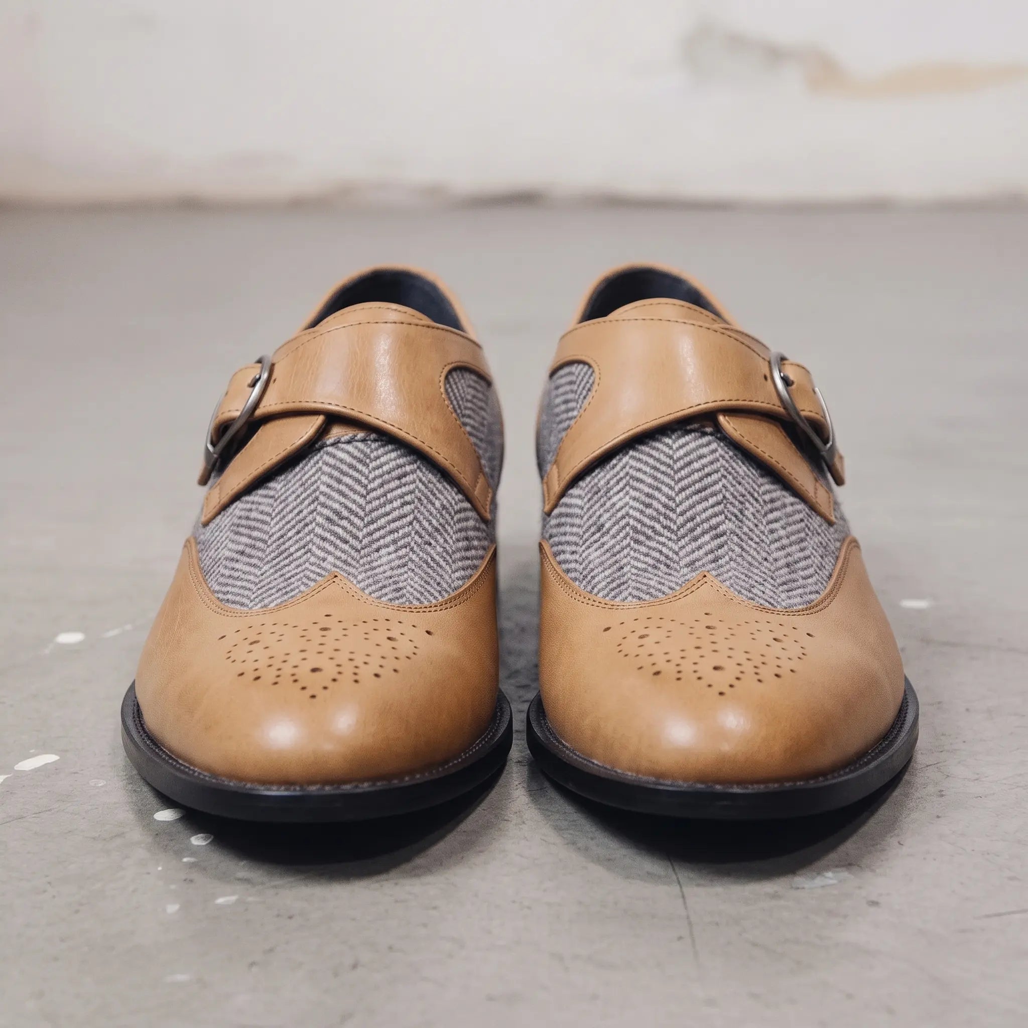 Men's Tan and Grey Wingtip Leather and Monk Strap Shoes — Amory