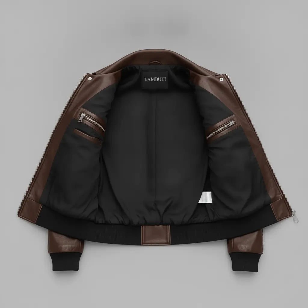 Men's Brown Leather Moto Bomber Jacket — Abberall