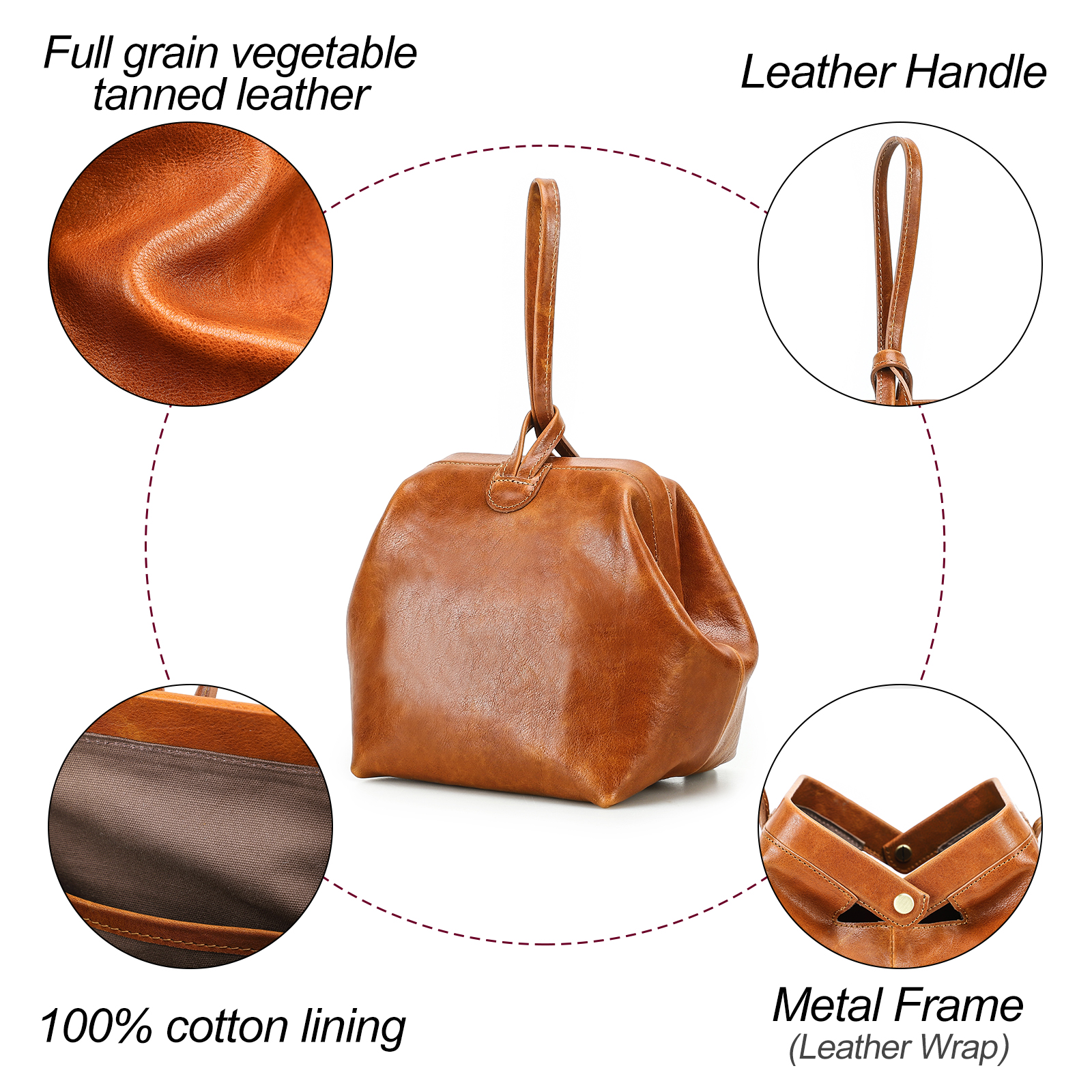 Women's Full-Grain Leather Wristlet Tote Bag With Kiss Lock Closure