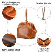 Women's Full-Grain Leather Wristlet Tote Bag With Kiss Lock Closure