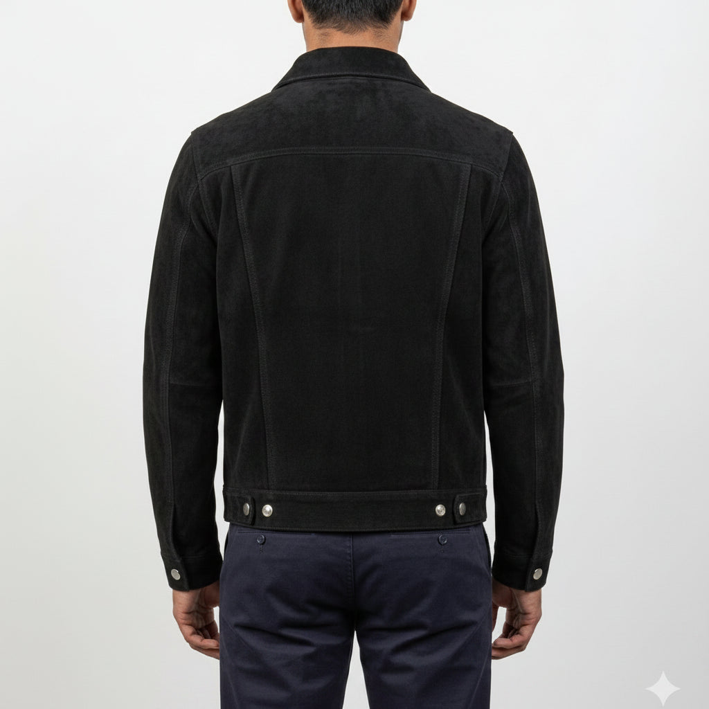 Handmade Men's Black Suede Trucker Jacket