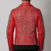 Men's Red Studded Leather Biker Jacket — Abberly