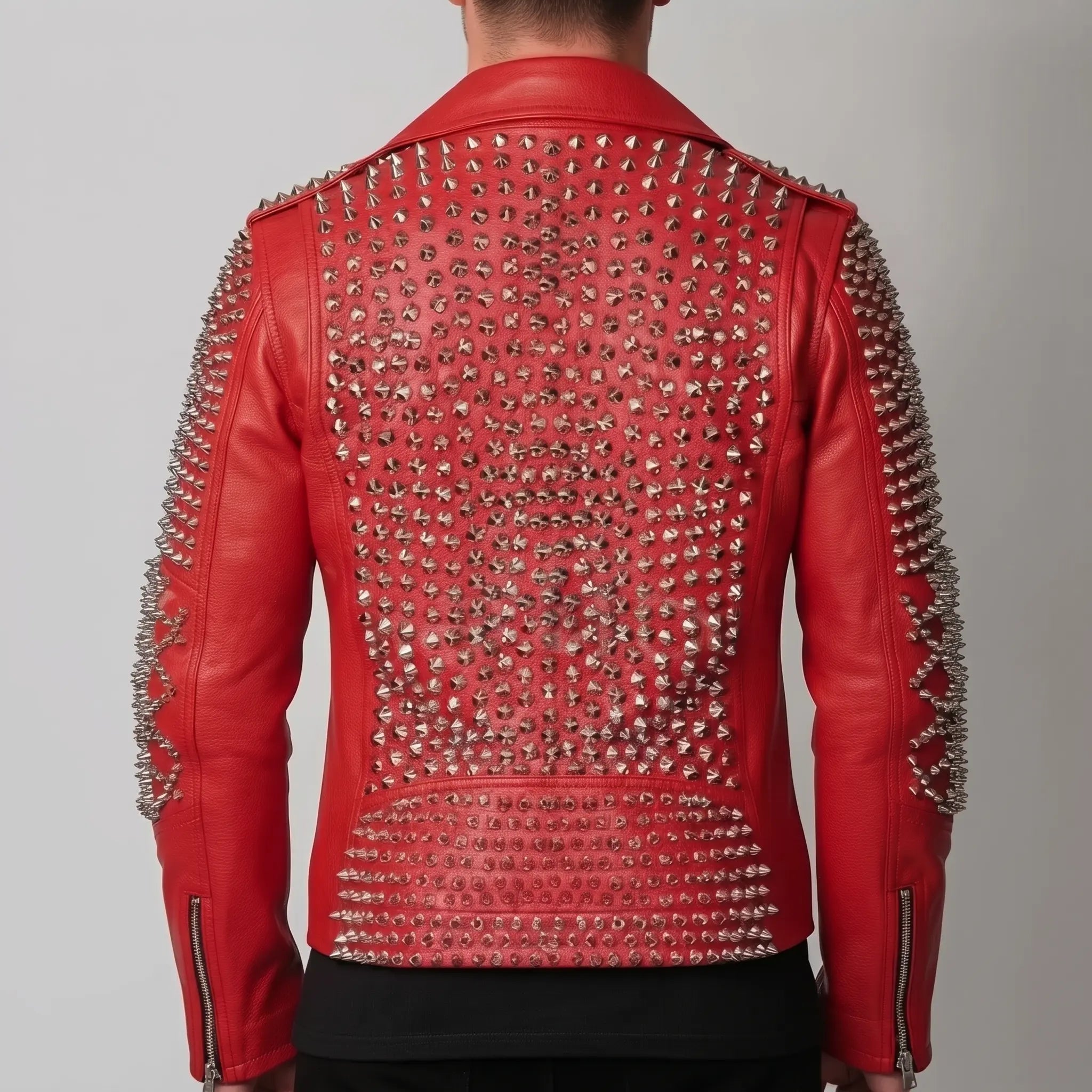 Men's Red Studded Leather Biker Jacket — Abberly