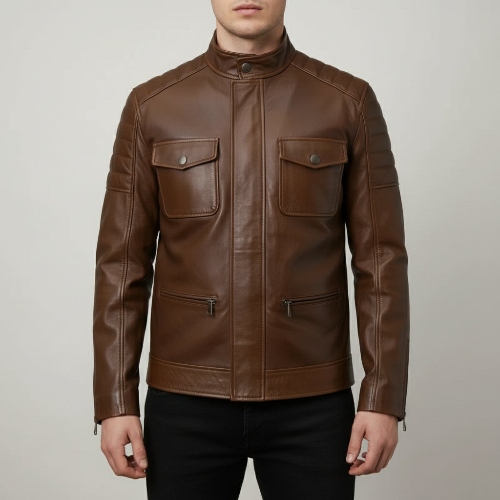 Handmade Men Brown Real Leather Motocycle Jacket, Men Antique Brown Biker Jacket