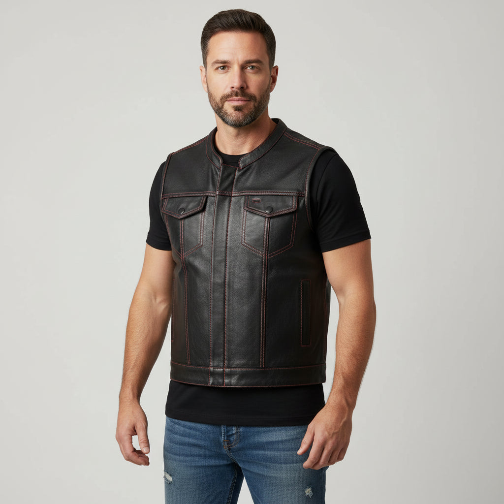 Men's American Flag Leather Motorcycle Vest, Men's Naked Cowhide Motorcycle Vest with Flag Liner