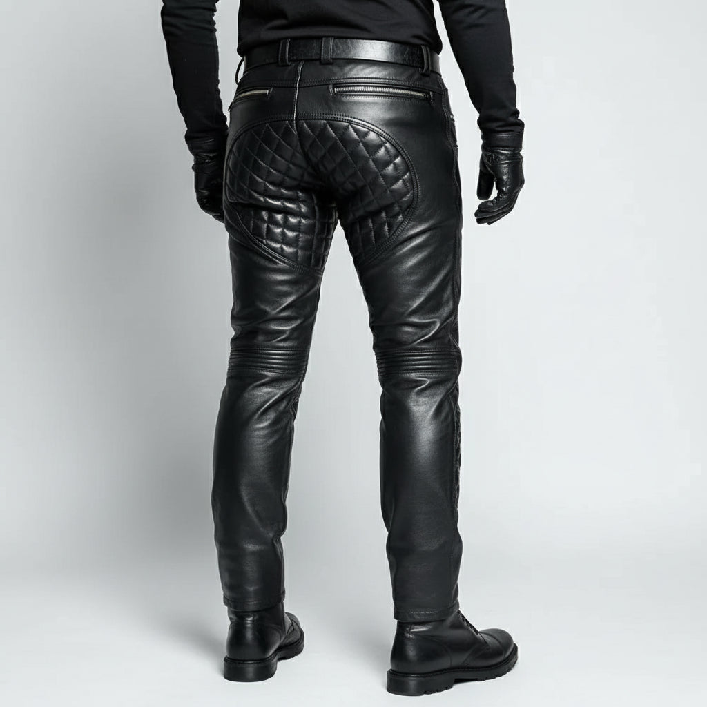 Men's Leather Biker Pants, Heavy-Duty Punk Rock Trousers