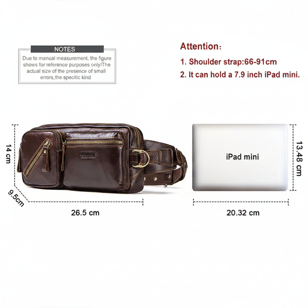 Men’s Full-Grain Leather Belt Bag, Crossbody Fanny Pack with Antique Bronze Hardware