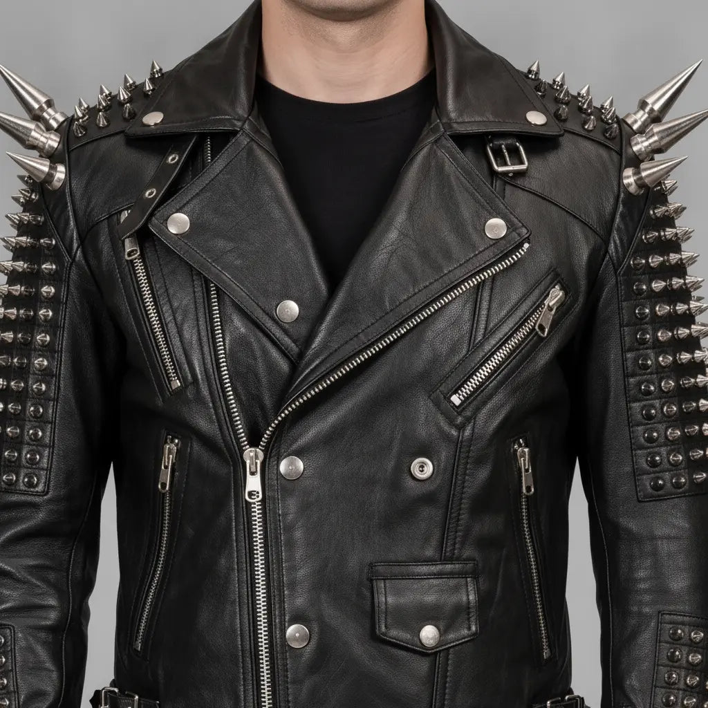 Men's Black Studded Leather Perfecto Jacket — Acreford