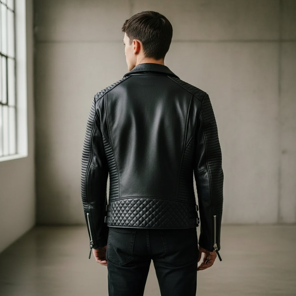 Handmade Men's Black Biker Leather Jacket, Black Sheep Leather Motorcycle Jacket for Men