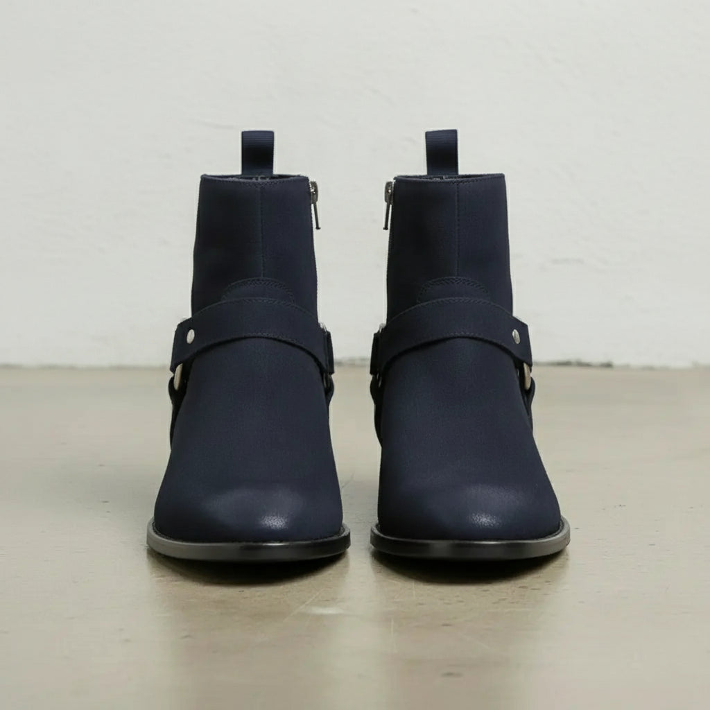 Men's Navy Blue Plain-Toe Suede Biker Boots