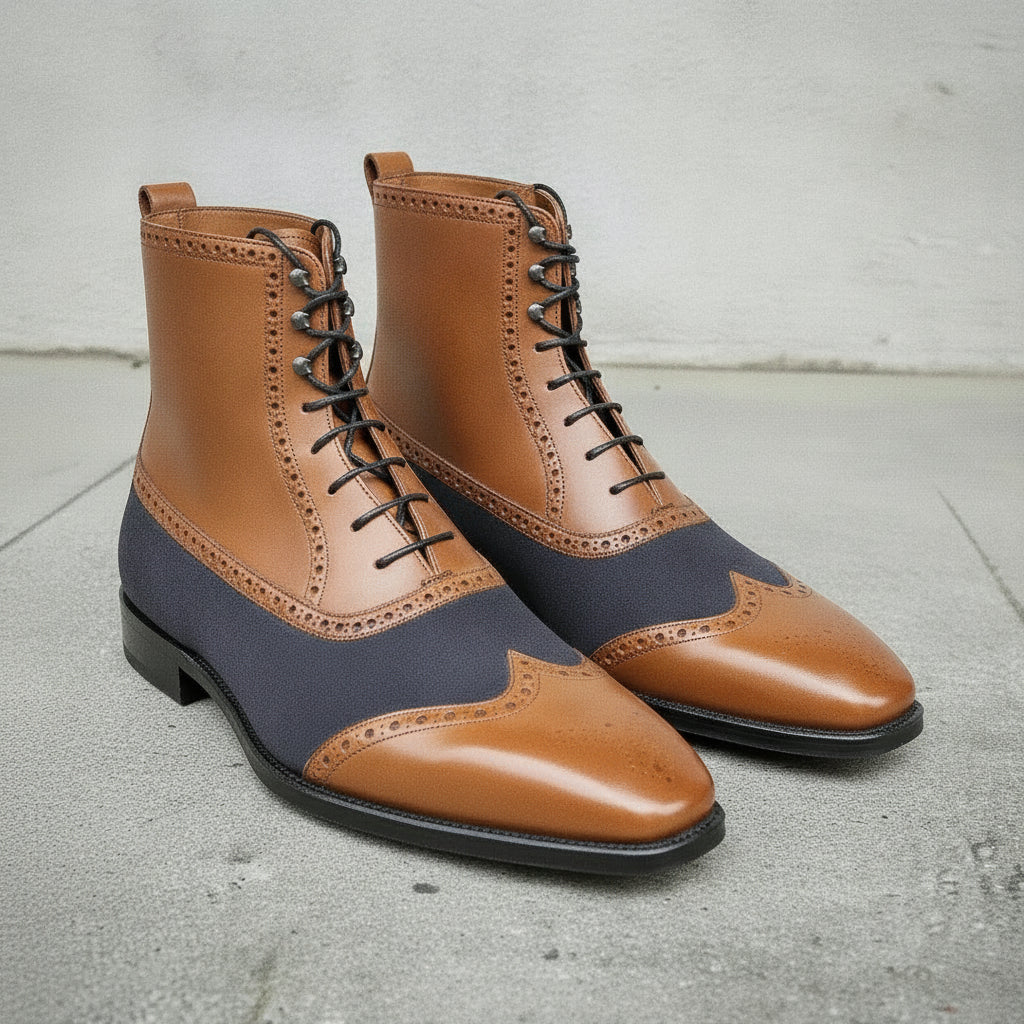 Men's Tan and Dark Blue Cap-Toe Leather Ankle Boots