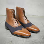 Men's Tan and Dark Blue Cap-Toe Leather Ankle Boots