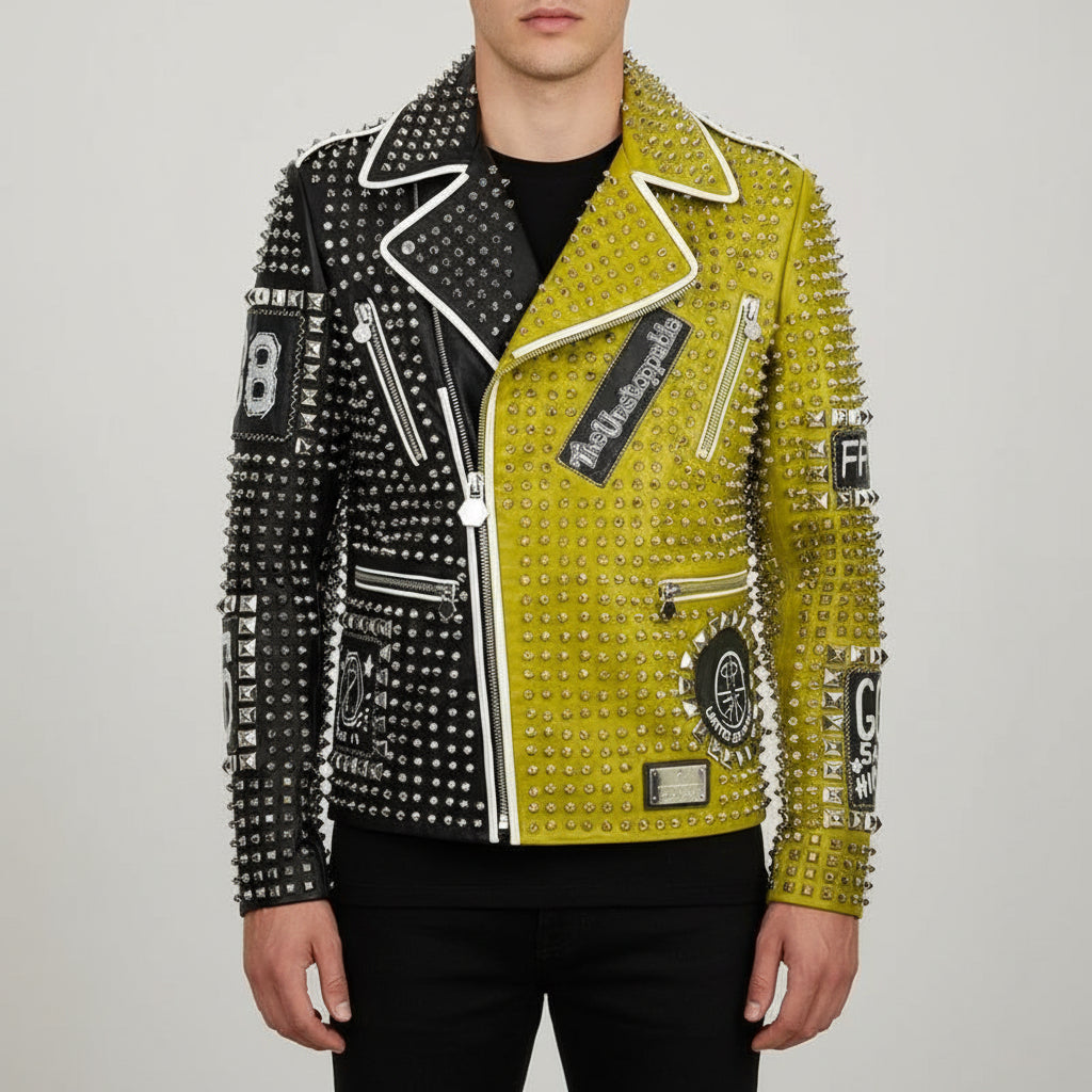 Handmade Mens Brando Studded Spikes Punk Rock Motorcycle Multicolor Leather Jacket