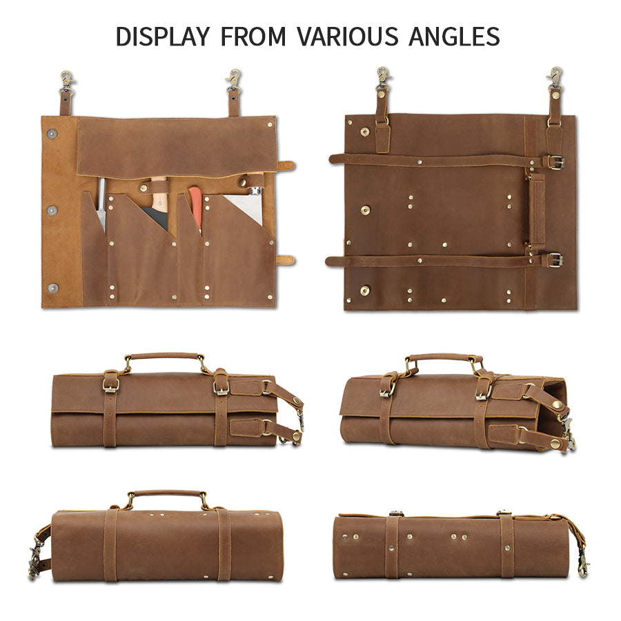 Full Grain Leather Knife Storage Roll Bag