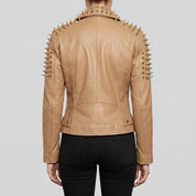 Women's Tan Golden Spiked Studded Leather Biker Jacket — Buckley