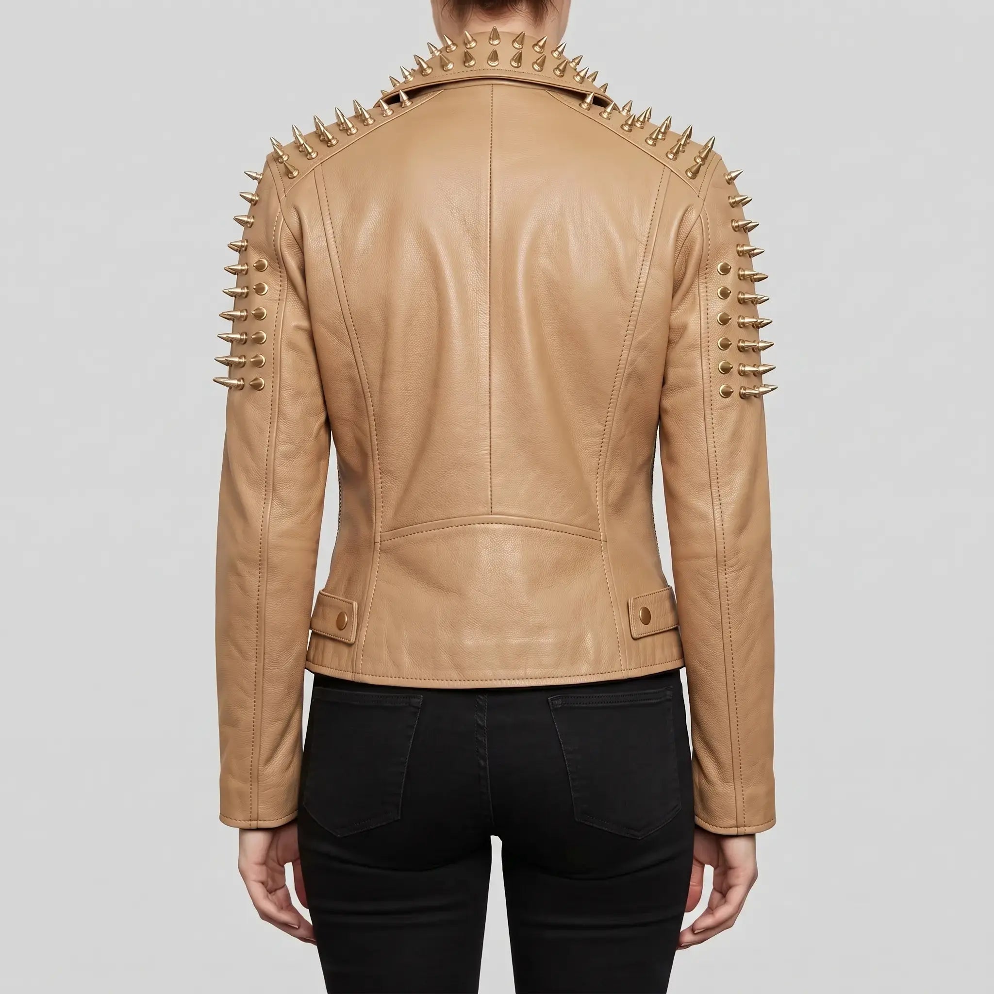 Women's Tan Golden Spiked Studded Leather Biker Jacket — Buckley