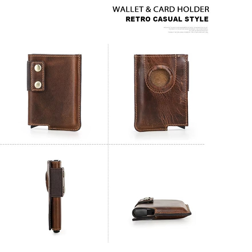 Men’s Genuine Leather Pop-Up Wallet - RFID Card Holder with Aluminum Box & Coin Pocket