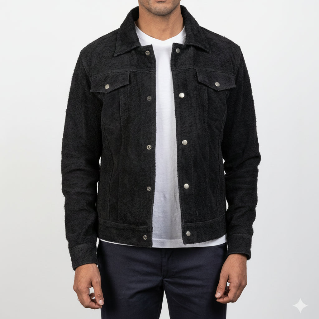 Handmade Men's Black Suede Trucker Jacket
