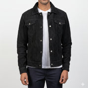 Handmade Men's Black Suede Trucker Jacket