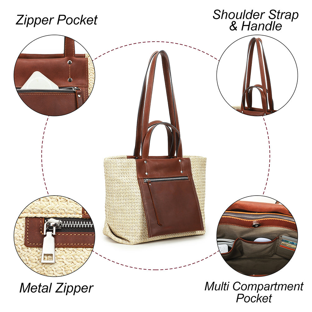 Women's Brown Leather Accent Cream Woven Tote Bag