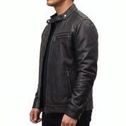 Men's Black Leather Cafe Racer Biker Jacket — Hatton