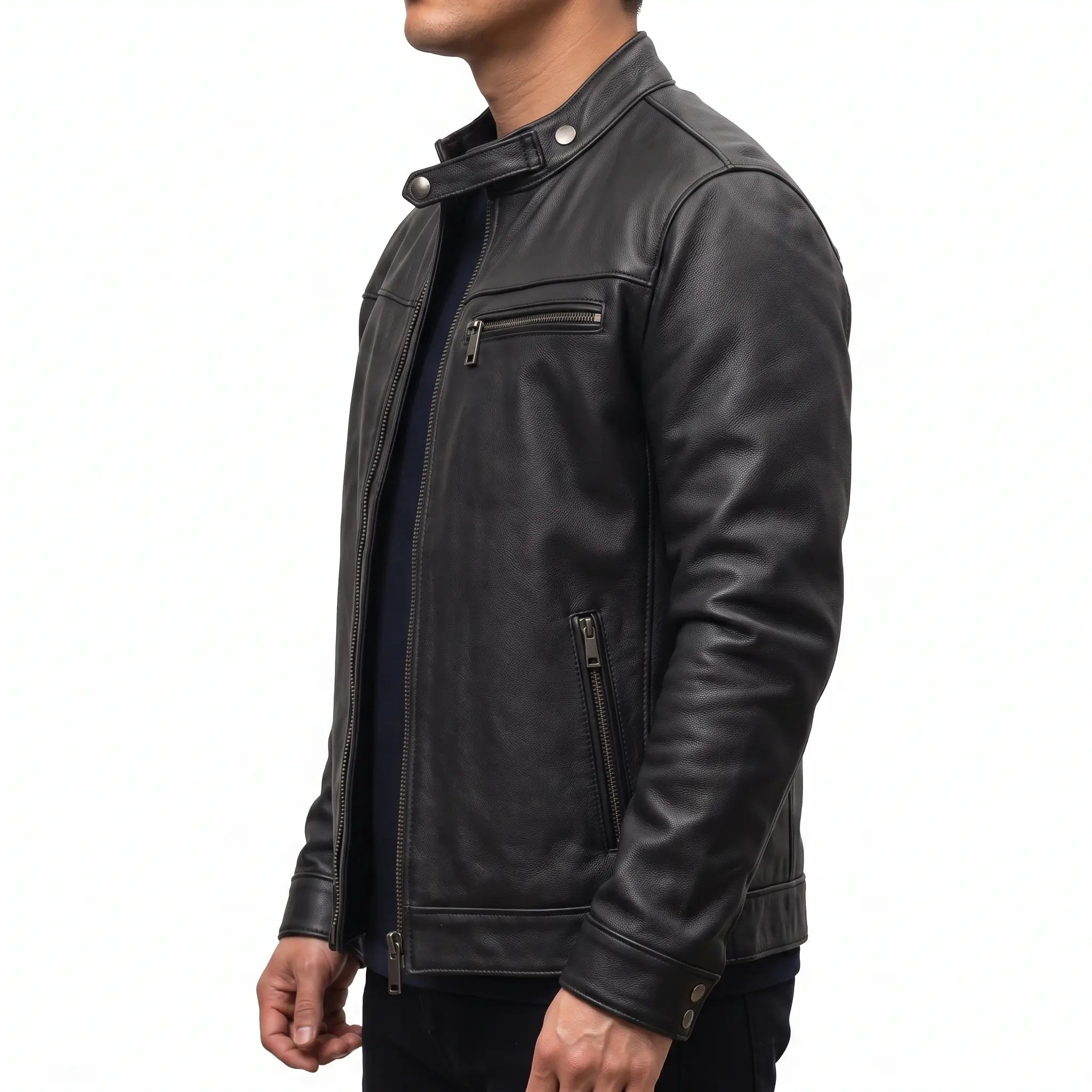 Men's Black Leather Cafe Racer Biker Jacket — Hatton