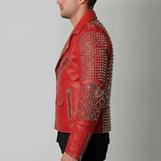 Men's Red Studded Leather Biker Jacket — Abberly