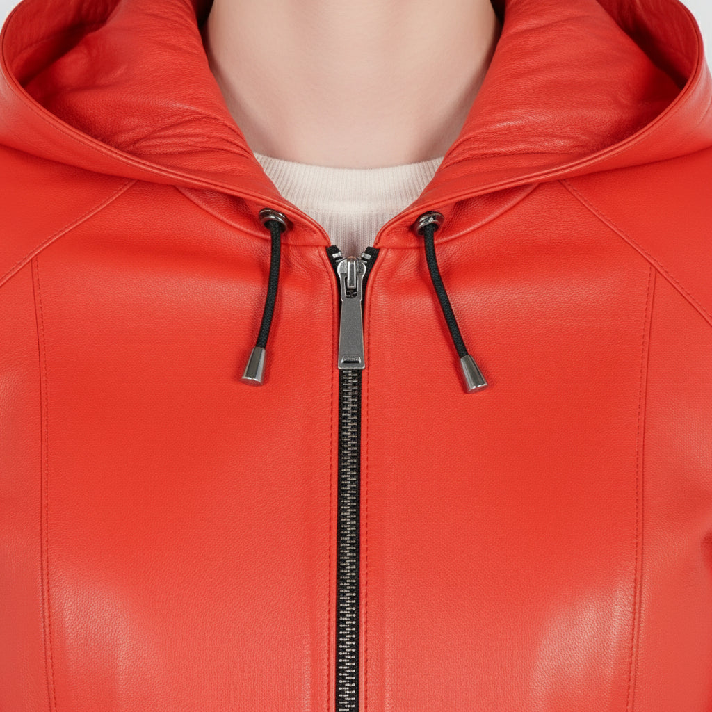 Women's Handmade Hooded A-line Leather Coat