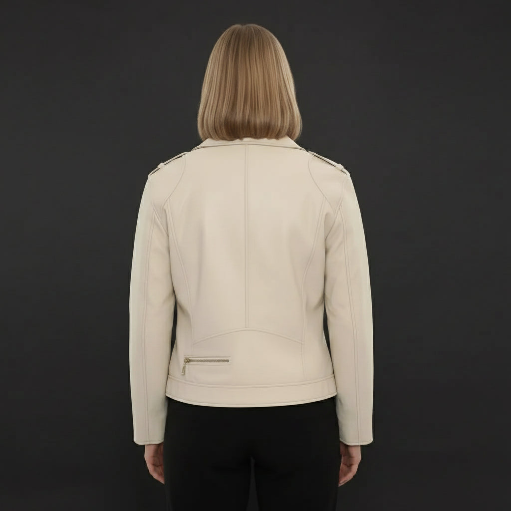 Women's Cream Leather Biker Jacket — Parsons