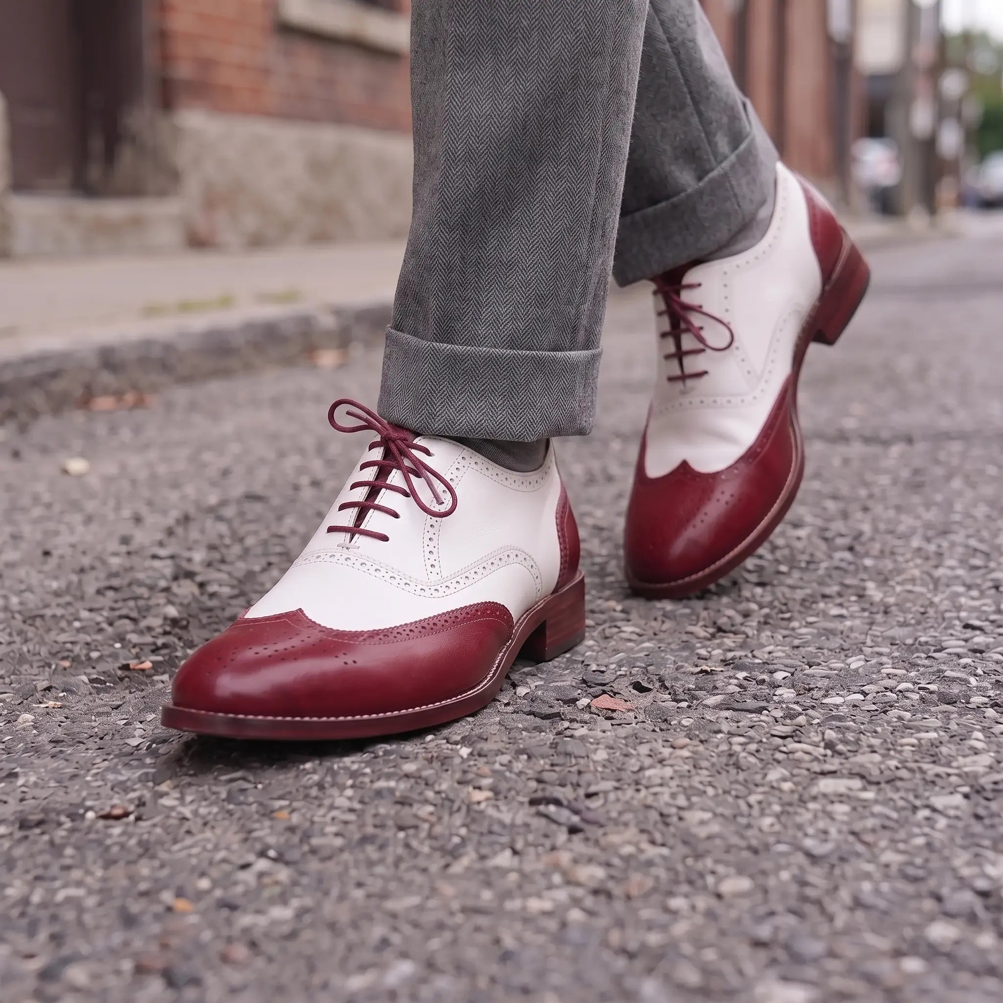 White and Burgundy Wingtip Leather Spectator Oxfords — Alsop