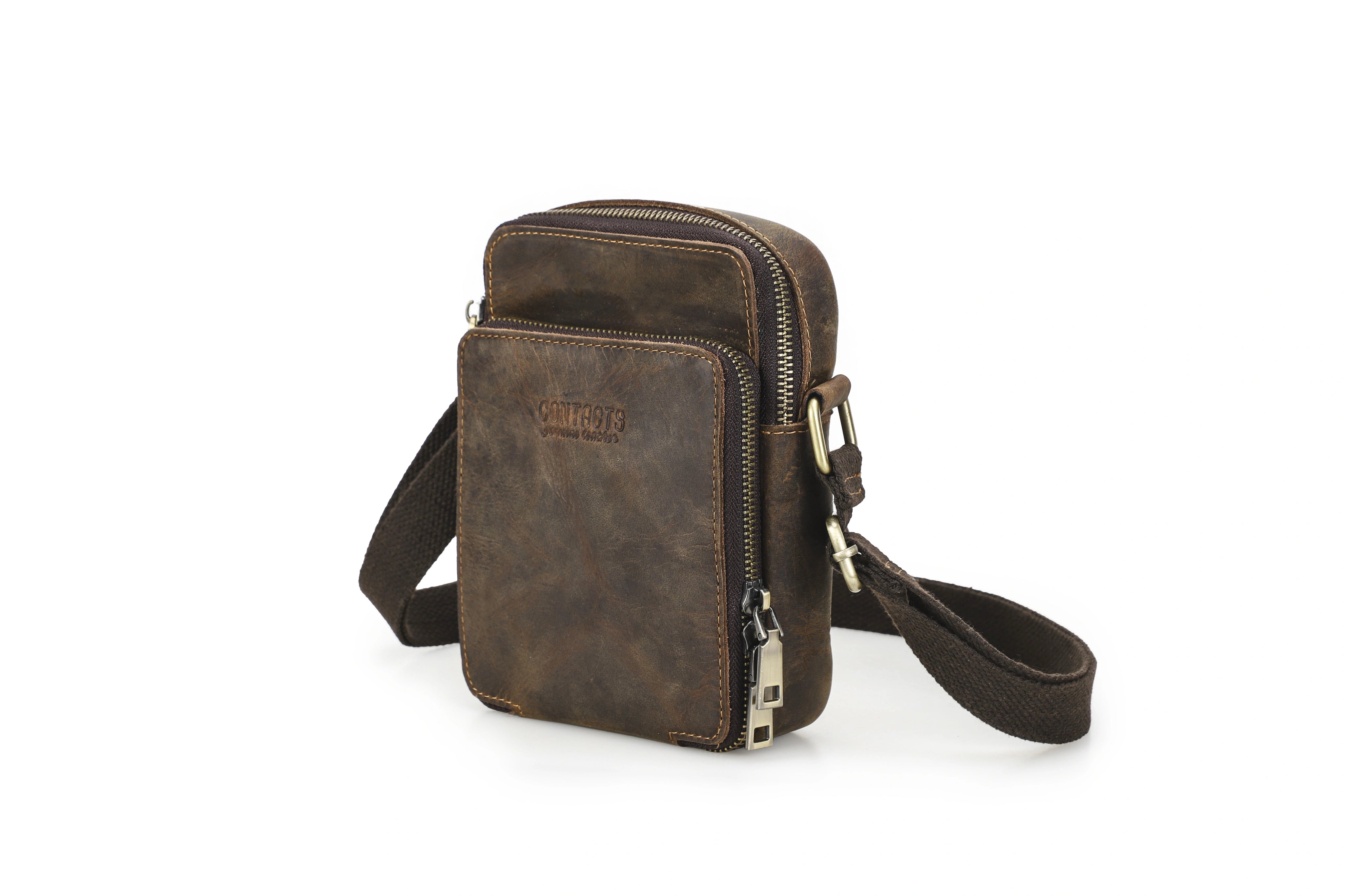 Men's Full Grain Leather Crossbody Phone Bag, Multi-Zipper Pouch for 6.7'' iPhone