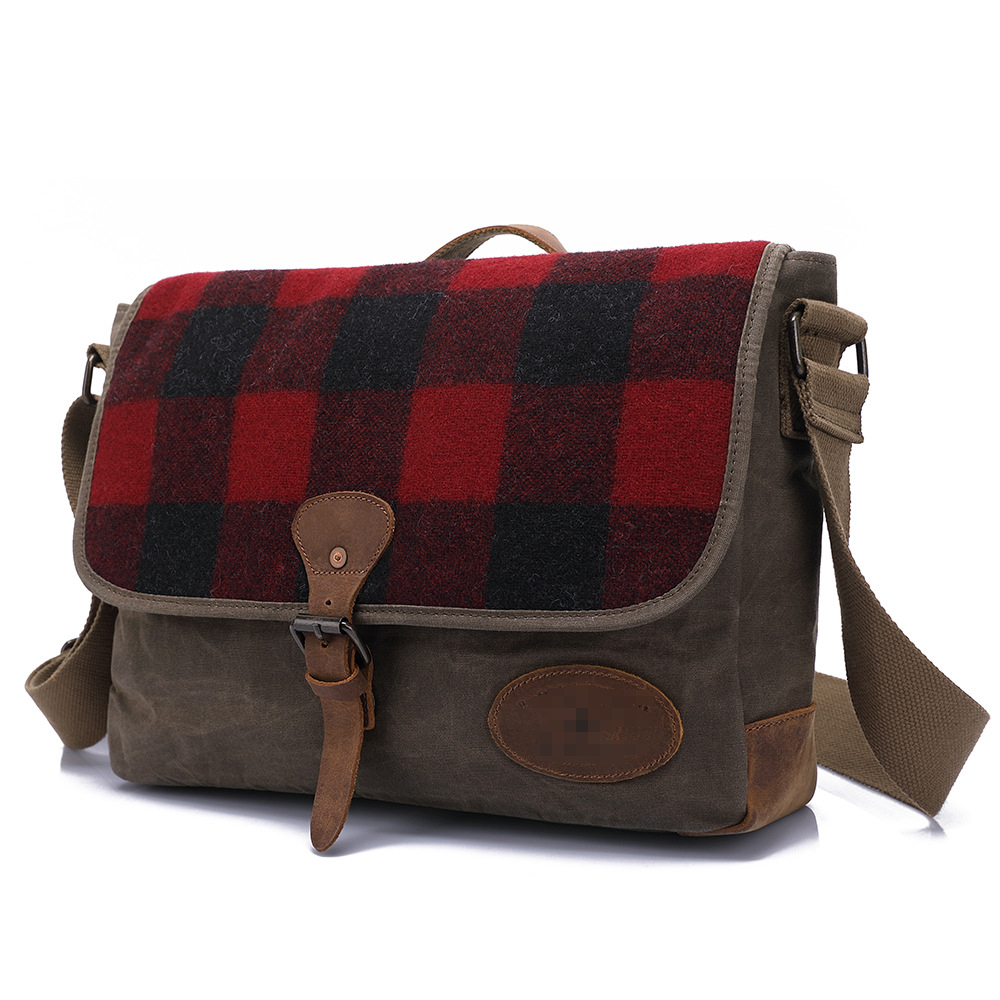 Classic Plaid Messenger Bag With Leather Accents and Spacious Compartments