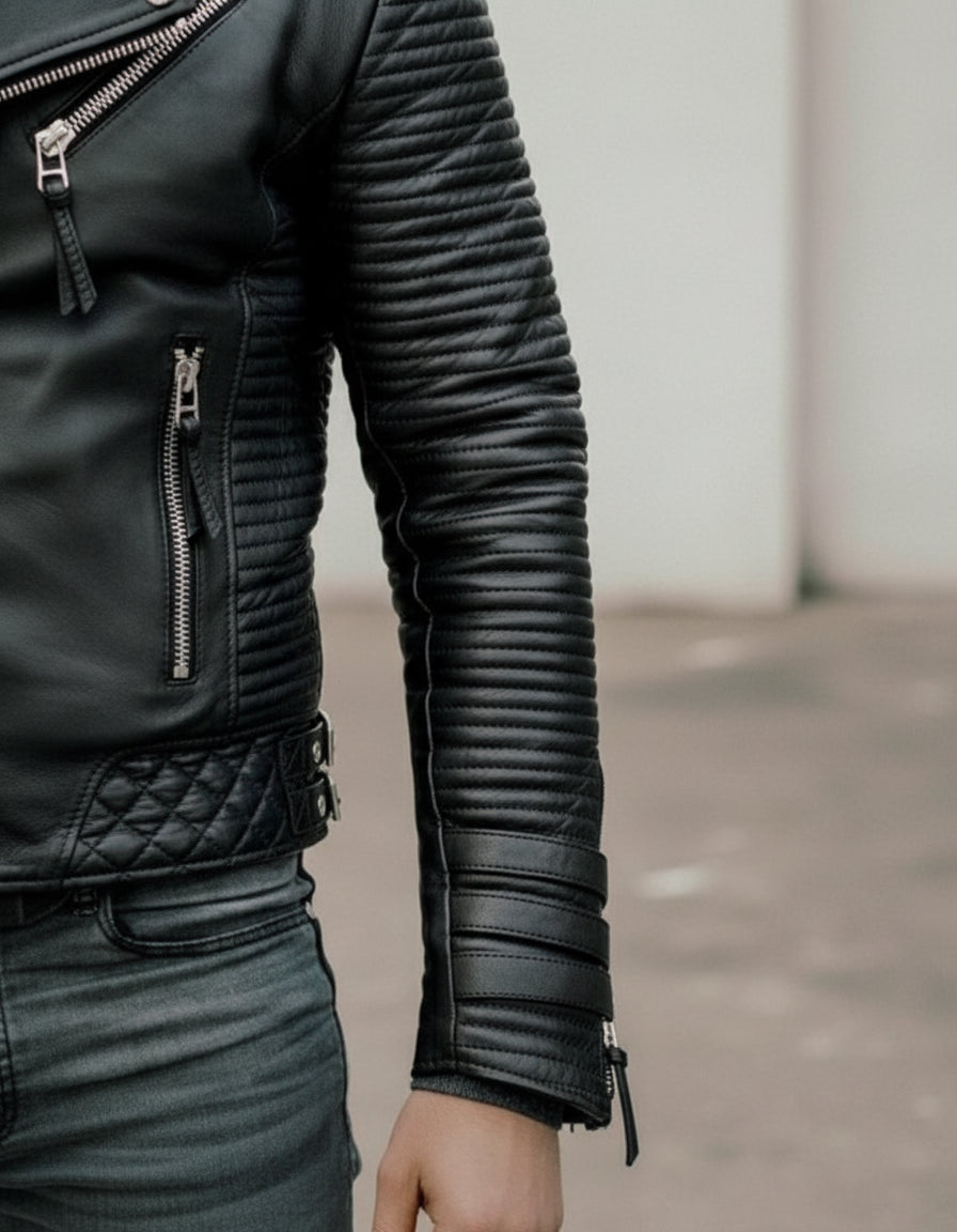 Handmade Men's Black Biker Leather Jacket, Black Sheep Leather Motorcycle Jacket for Men