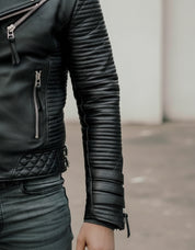 Handmade Men's Black Biker Leather Jacket, Black Sheep Leather Motorcycle Jacket for Men