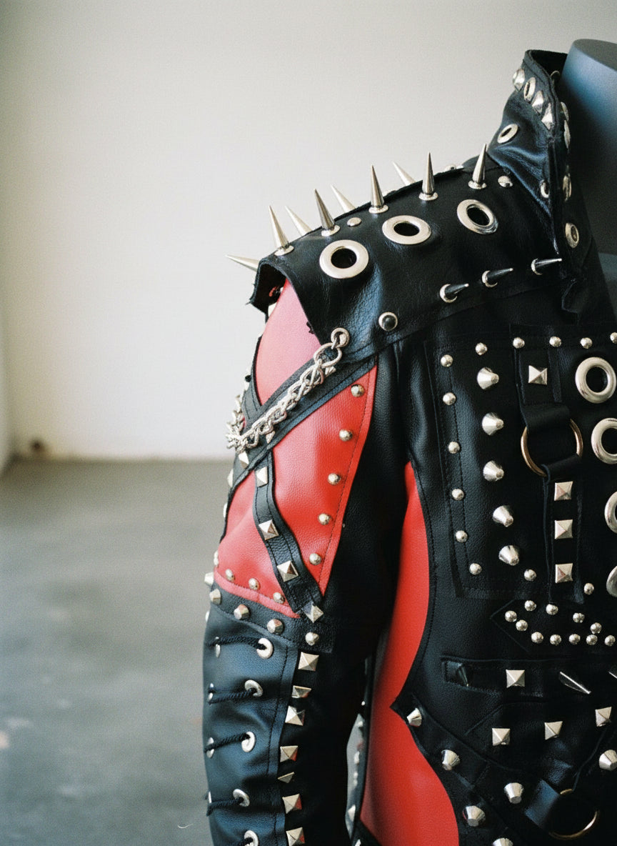 Handmade Men Red and Black Gothic Studded Leather Jacket, Men Studded Jacket