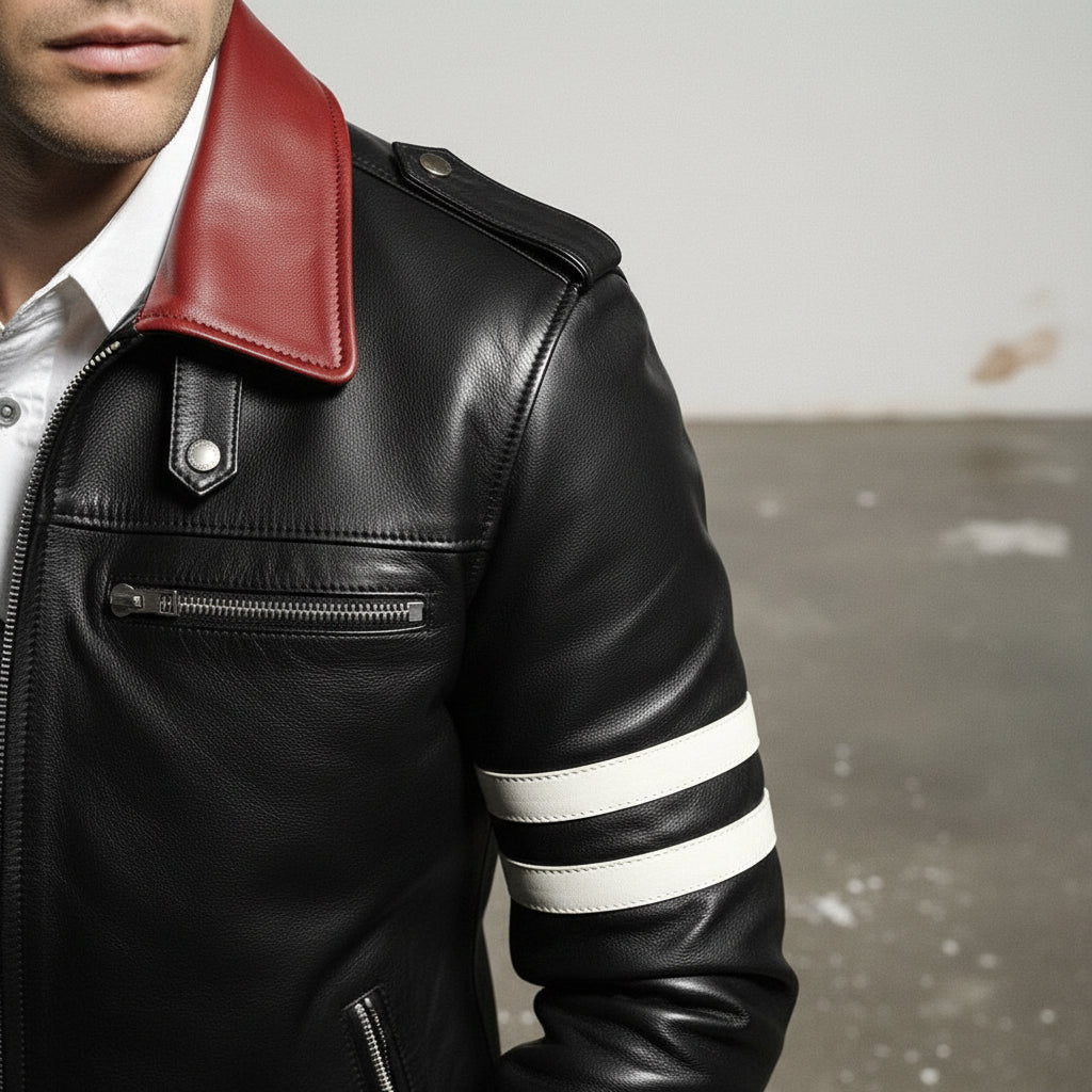 Men's Black Embroidered Full-Grain Leather Biker Jacket