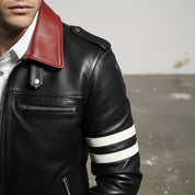 Men's Black Embroidered Full-Grain Leather Biker Jacket